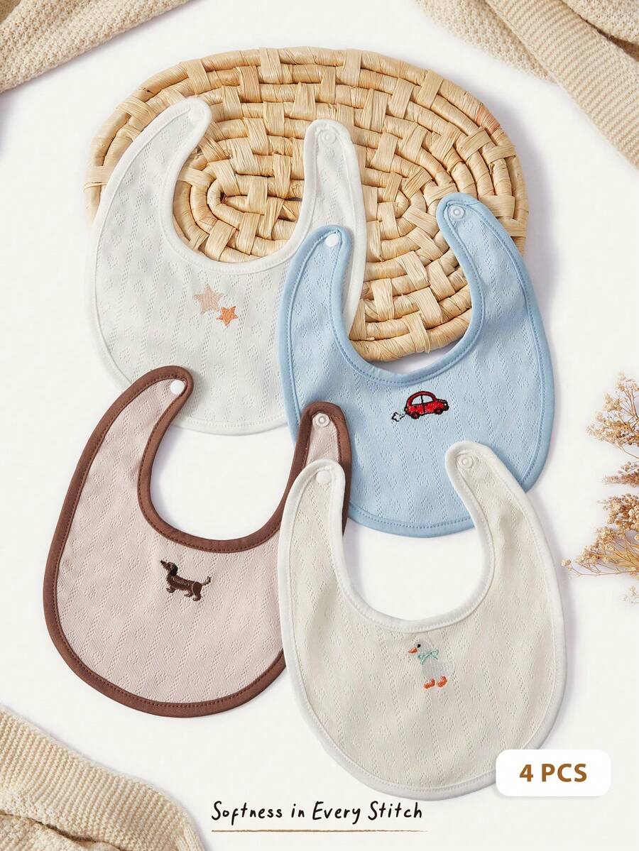 Cozy Pixies 4件組嬰兒圍兜 可水洗清潔 鏤空提花刺繡 可愛小鴨、小狗、小車、小星星圖案 適合新生兒禮物 - 混合色 - 查看 1