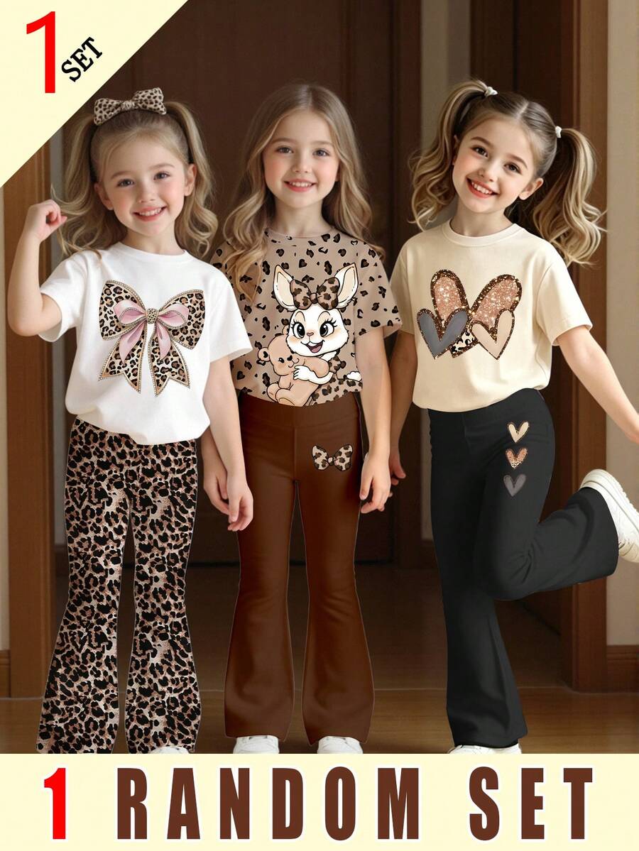 SHEIN Elladie kids (隨機圖案,隨機發貨 3 款中的 1 款) 返校季女童幼兒時尚卡通亮片拼接愛心豹紋蝴蝶結兔子圖案基礎短袖 T 恤與喇叭褲套裝 - 彩色 - 查看 1