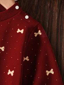 SHEIN Vintaside Kids 女嬰時尚刺繡荷葉邊印花運動衫 秋季 - 酒紅色 - 查看 5
