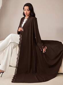 Veilorie Women's Elegant Solid Color Lace Patchwork Abaya - Coffee Brown - View 1