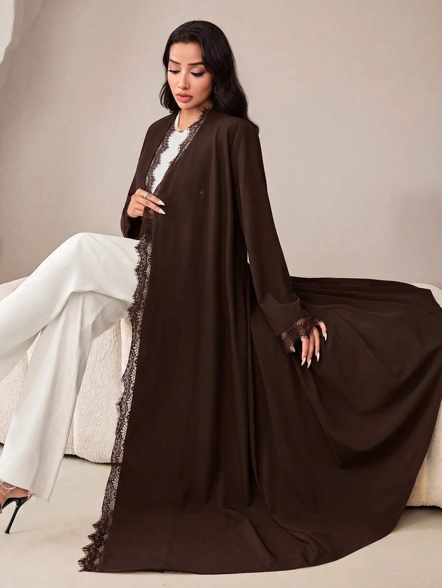 Veilorie Women's Elegant Solid Color Lace Patchwork Abaya - Coffee Brown - View 1