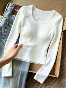 Resyla Women's Solid Color V-Neck Casual Minimalist All-Match Versatile Daily Long Sleeve T-Shirt Everyday White Fall - White - View 1