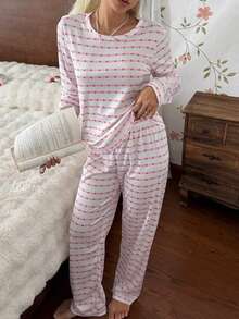 CottageSlumber Minimalist Casual Ribbed Texture Heart Print Long Sleeve Long Pants Loungewear Set - Pink - View 6