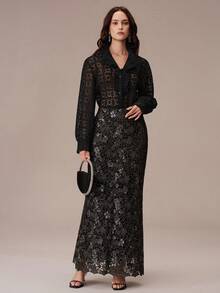 BELROSIE Blus Lengan Panjang Transparan Berenda Berlubang Bordir Mutiara Chiffon Patchwork Kerah Ruffle untuk Malam Halloween, Hitam, Musim Panas, Romantis, Elegan - Hitam - View 6