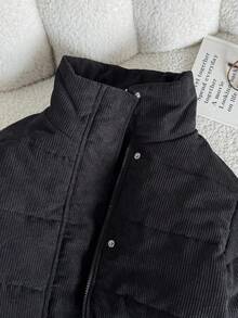 SHEIN 青少年女孩冬季外套，休閒黑色燈芯絨填充夾克，附拉鍊與按扣，秋冬款 - 黑色 - 查看 5