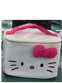 HELLO KITTY AND FRIENDS | SHEIN 可愛貓咪印花大容量聚酯纖維化妝包，附3D蝴蝶結與提把，旅行與日常使用化妝收納袋 - 玫紅色蝴蝶結款 - 查看 7
