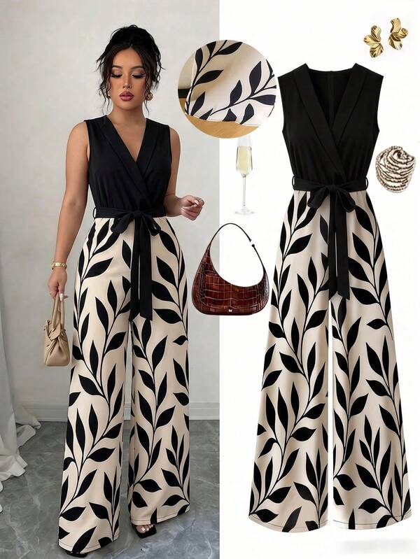 GlowEve CURVE Plus Size Sleeveless Jumpsuit With Plant Print,Waist Tie Round Neck Leaf Print,Black And White Summer Elegant Picnic Maxi Dress Floral Belted Outfit