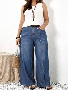 EMERY ROSE EMERY ROSE Plus Size Casual Washed Front Button Denim Jeans - Dark Wash - View 5