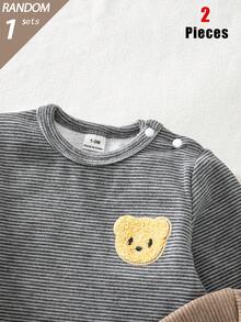 SHEIN 盲盒 3 件套 秋冬複合抓絨布條紋印花泰迪熊刺繡圖案長袖連身衣附腳褲與帽子 2 件組合熱銷款舒適柔軟睡衣居家服 - 彩色 - 查看 6