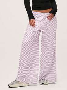 SHEIN BASICS Casual Y2k Knitted Pink And White Striped Low Waist Baggy Wide Leg Floor Length Pants For Women Autumn Clothes Lounge - Pink - View 6