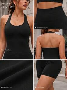 SHEIN Unity Women's Seamless Plus Size Solid Color Tank Top And Shorts Sports Set - Black - View 4