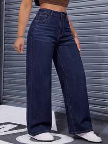 SHEIN ICON Plus Size Fashion Versatile Button Pocket Loose Denim Jeans - Dark Wash - View 6