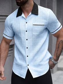 SLATEMANN Men's Casual Pocket Single-Breasted Short Sleeve Contrast Color Shirt - Blue - View 3