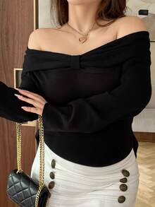 Dazy Plus Solid Color Fitted Square Neck Bow Off-Shoulder Long Sleeve Elegant Sexy Spring Autumn Pullover Knit Sweater - Black - View 4