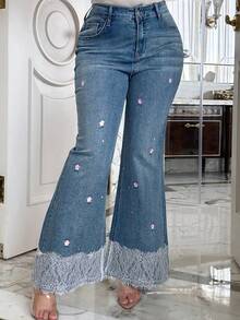 Dazy Plus Slim Fit Sexy Flare Leg Casual Long Pants Lace Trim Patchwork Denim Jeans All Season Fall - Medium Wash - View 4