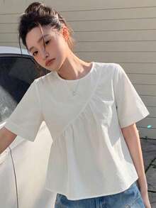 DAZY Women's Solid Color Loose Short Sleeve Round Neck Pleated Casual Vacation Summer Top Blouse School Thin Clothing - White - View 7