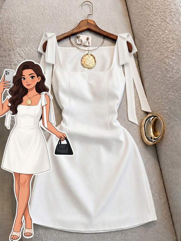 GlowEve CURVE Plus Size Elegant Women's White Summer Dress, Square Neck Tie Bow Party Dress, Suitable For Vacation, Beach, Daily Commute, Birthday Party, Wedding And June Festival Outfit