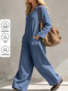 Linhara CURVE 2026 New V-Neck Plus Size Women's Jumpsuit With Pockets - Blue - View 4