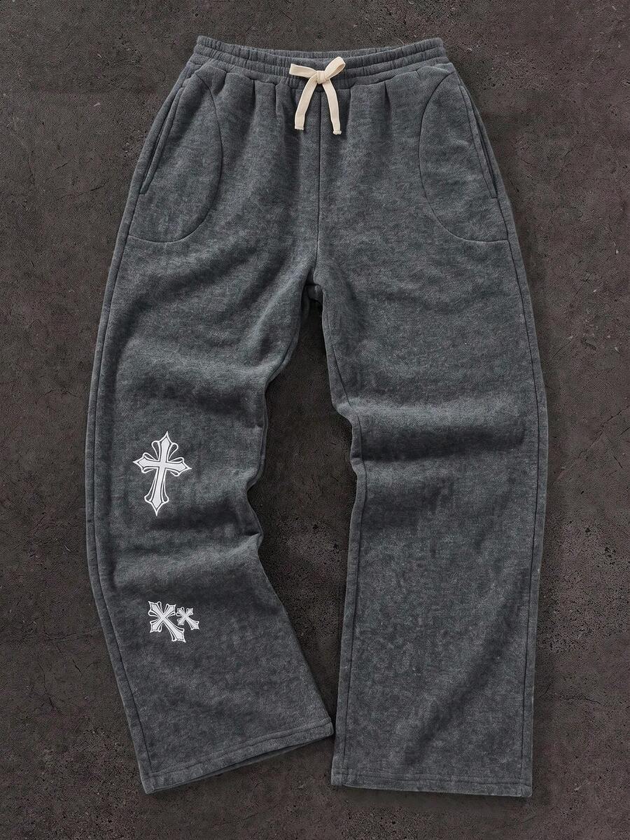 SHEIN Kids Teen Boy Casual Daily Versatile Comfortable Grey Washed Distressed Effect Printed Pattern Straight Leg Loose Sweatpants, Suitable For Back To School, Birthday Party, Evening Gala, Performance, Wedding, Baptism, Opening Ceremony And Other Occasions, Comfortable For Daily Wear, Suitable For School, Travel, Sports, Suitable For Spring, Summer.