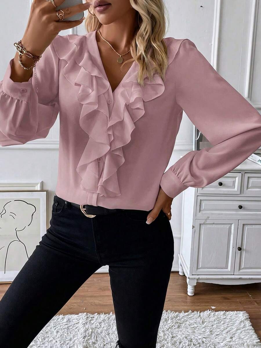 SHEIN Franclia 女款荷葉邊燈籠袖襯衫上衣 - 粉色 - 查看 1
