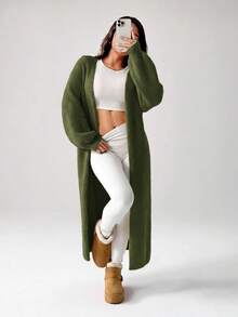SHEIN PETITE 女款秋冬外出保暖針織開襟衫 - 軍綠色 - 查看 1