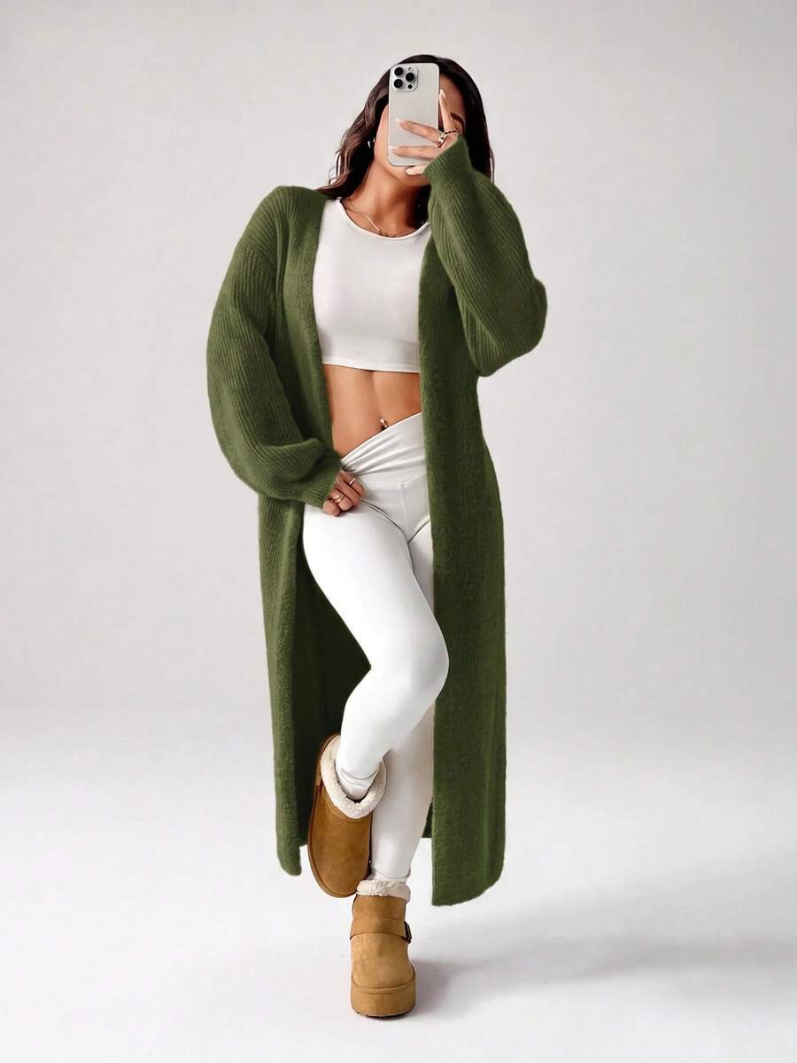 SHEIN PETITE 女款秋冬外出保暖針織開襟衫 - 軍綠色 - 查看 1