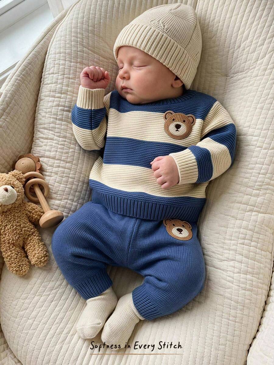 Cozy Pixies Newborn Baby Cute Bear Applique Embroidery Contrast Color Long Sleeve Sweater And Pants Set - Blue and White - View 1