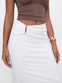 Avantive Rok Bodycon Wanita Warna Polos dengan Lipatan di Pinggang dan Dekorasi Logam untuk Pesta, Makan Siang, Makan Malam, Kencan, Malam Hari, Putih, Musim Gugur, Elegan, Seksi - Coklat - View 4