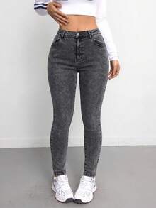 SHEIN Tall CURVE 女款大尺碼藍色丹寧彈性緊身牛仔褲 - 灰色 - 查看 6