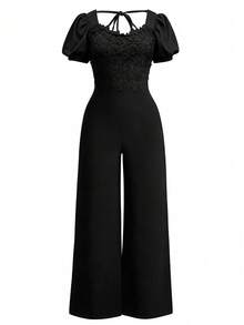 Femmeverse Plus Size Women's Fashion Elegant Jacquard Fabric Lace Patchwork Lantern Short Sleeve Solid Color Jumpsuit - Black - View 3