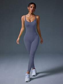 SHEIN Sports Mono deportivo de tirantes finos sin espalda de unicolor - Iron Gray - Ver 3