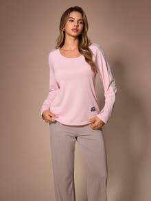Lazeform Women's Casual Ribbed Colorblock Patchwork Raglan Sleeve Patch Decor Long Sleeve Long Pants Loungewear Set - Multicolor - View 7