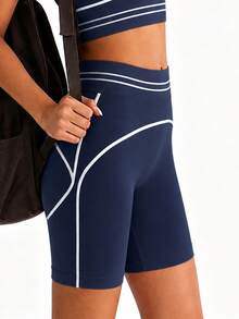SHEIN Sports Women's Colorblock Casual Versatile Daily Travel Sports Shorts - Blue - View 3