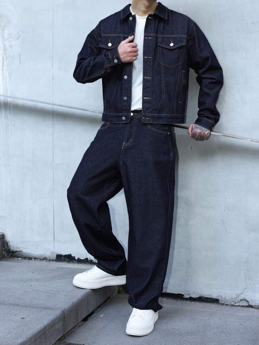 Manfinity EMRG 男士海軍藍牛仔兩件套，休閒夾克與寬鬆闊腿長褲，春秋街頭風，男友與丈夫穿著的工裝夾克城市度假兩件套 - 深色水洗藍 - 查看 1