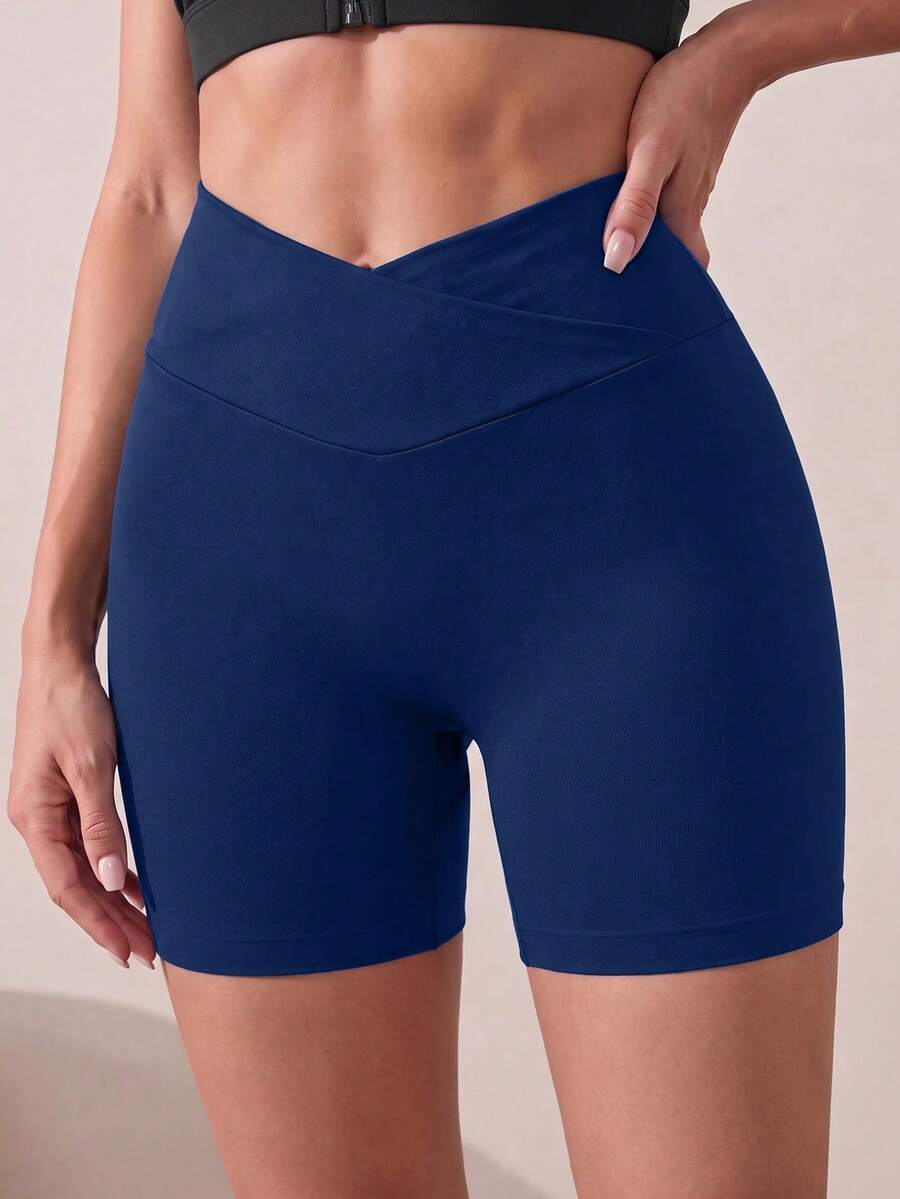 SHEIN Sports Women's Solid Color Casual Daily Seamless Sports Shorts - Navy Blue - View 1