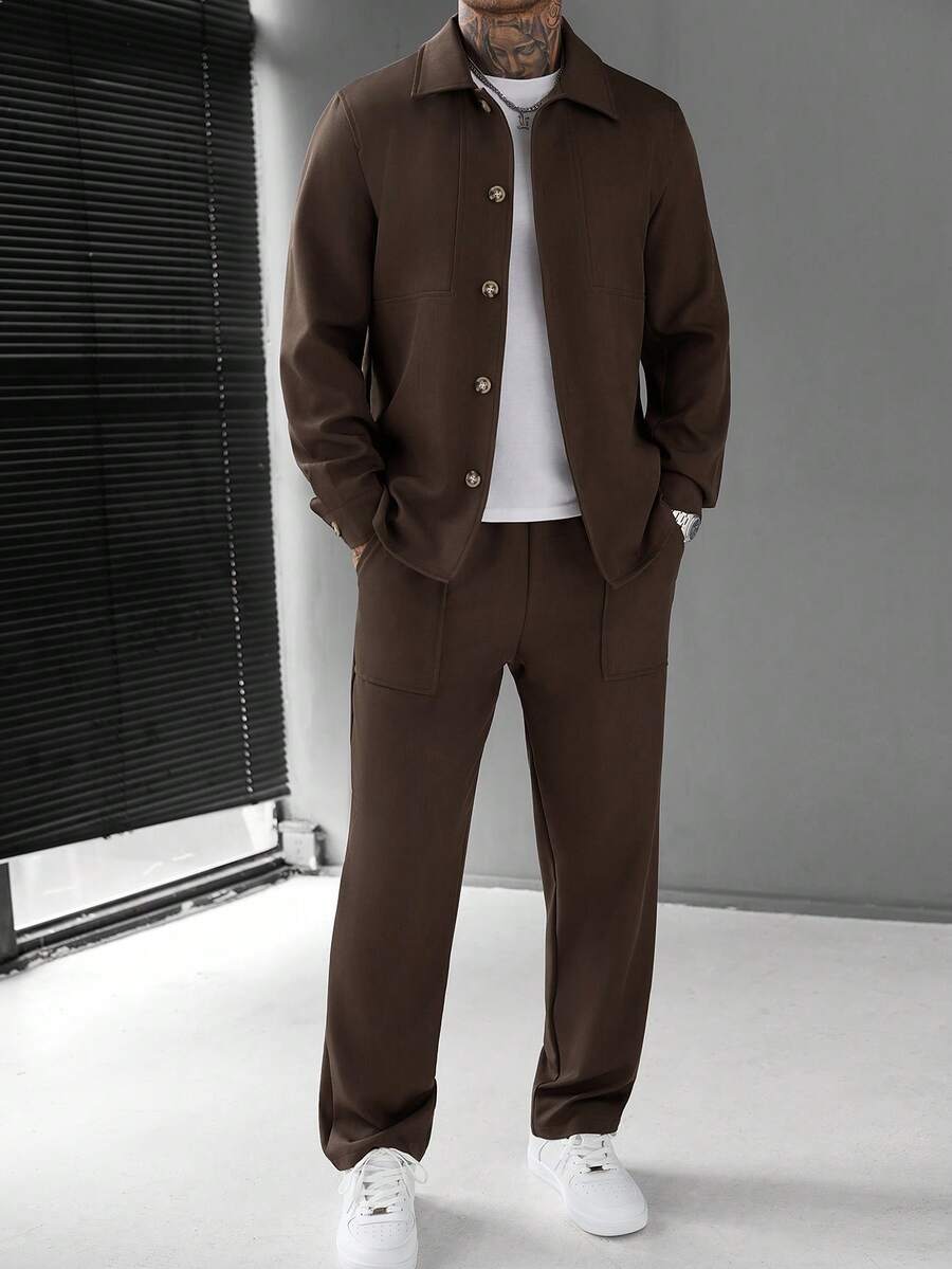 Manfinity Homme 男士休閒時尚寬鬆長袖夾克套裝,外出必備,送給家人和朋友的完美禮物,男士套裝,棕色兩件套 - 卡其色 - 查看 1