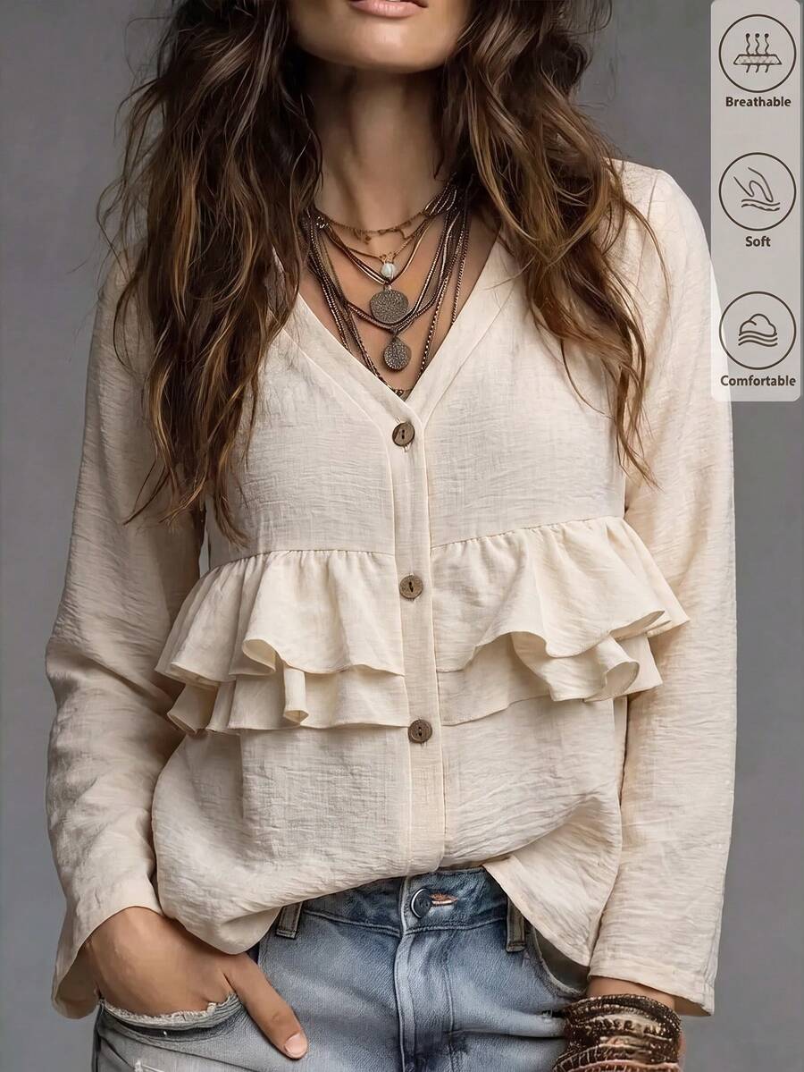 Breezaya Women's Solid Color V-Neck Long Sleeve Ruffle Single-Breasted Blouse - Apricot - View 1