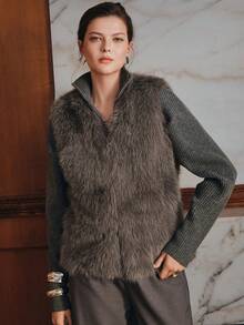 Anewsta Premium Grey Faux Fox Fur Vest, Sleeveless Pocket Plush Elegant Outerwear, Commute & Date Chic Socialite Style - Grey - View 7