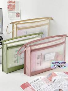 1PC A4 Transparent Mesh 2 Layer Zipper Organizer Bag Large Capacity For School Test Papers Books Homework For Primary Middle High Students - Multicolor - View 1
