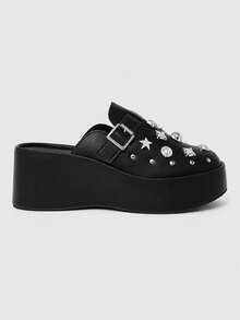 ROMWE Grunge Punk Retro Rivet Heel Mules Shoes Women's, Platform Sole Slip-On Punk Style Versatile Outdoor Cool Slippers, Summer Wear Fall Shoes - Black - View 5