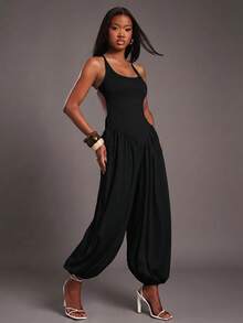 NYA SZN Jumpsuit Sleeveless Spaghetti Strap Fitted Cinch Drop Waist Balloon Pant Leg Loose Baggy Church Elegant Summer Fall Winter - Black - View 5