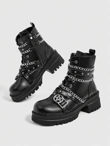 Sugerpunk 女款黑色側拉鍊繫帶靴，暗黑龐克搖滾風鏈條裝飾機車靴，學院復古騎士皮革短靴 - 黑色-鏈條 - 查看 9