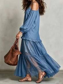 Omancia Women's Open Shoulder Lantern Sleeve Patchwork Chiffon Maxi Dress Vacation Dusty Blue Autumn Boho - Blue - View 2