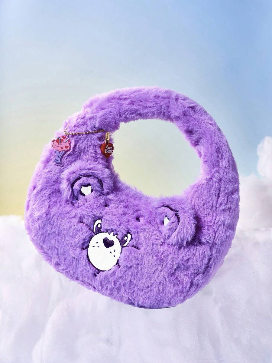 SHEIN X Care Bears 可愛3D耳朵刺繡毛絨熊手提包,柔軟觸感,大容量,適合日常通勤與休閒出遊 - 紫色 - 查看 1