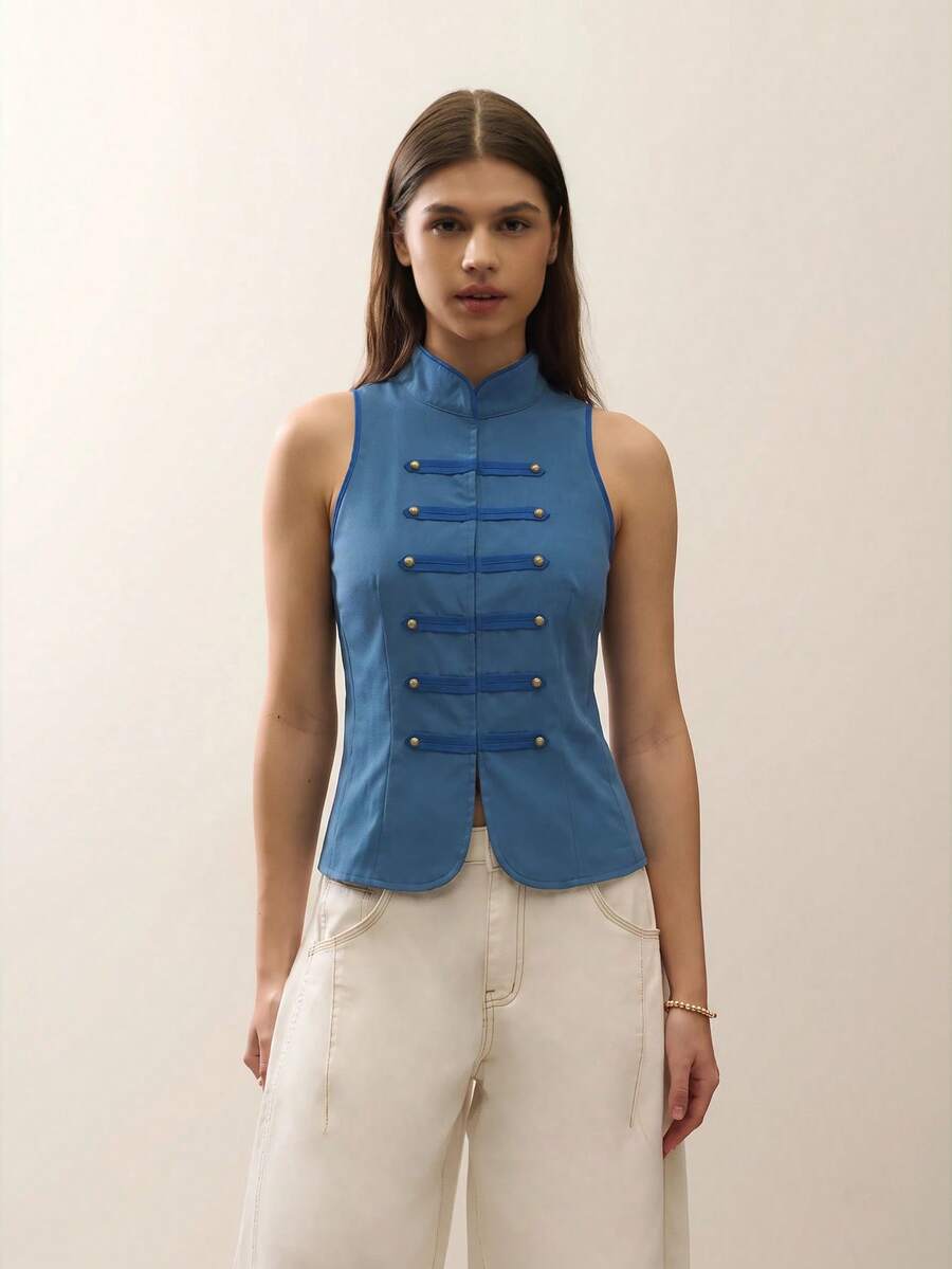 Nöista Sleeveless Top With Buttons And Front Opening - Dusty Blue - View 1