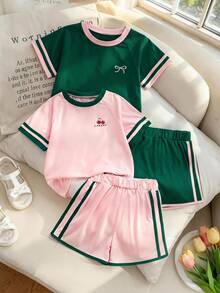 SHEIN Girls' Summer Contrast Color Raglan Short Sleeve Set, Cherry Bow Casual 2 Pieces Outfit, Suitable For Daily Wear And Outdoor Activities Back-To-School - Multicolor - View 1
