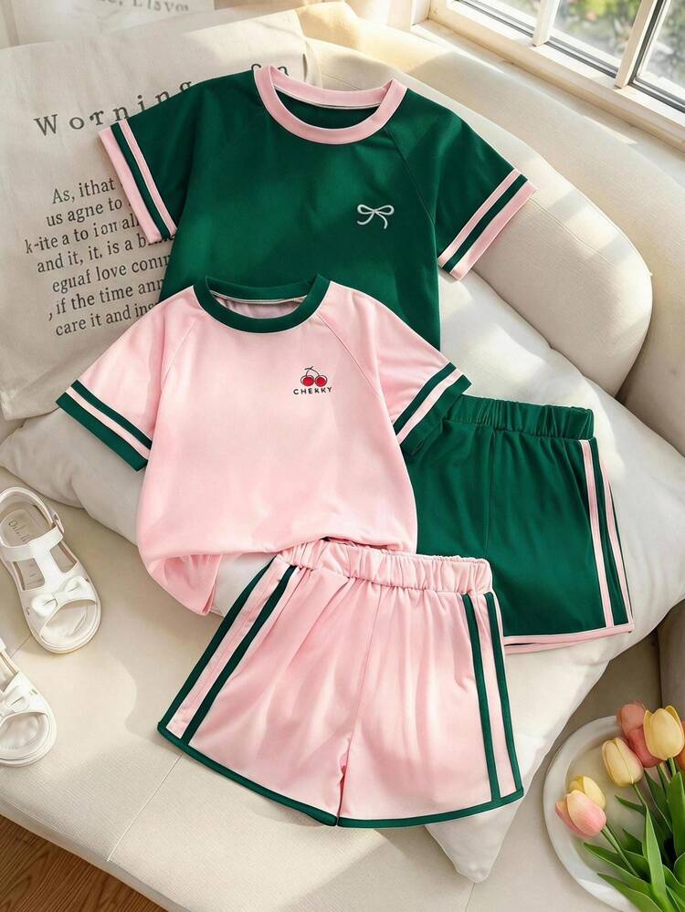 SHEIN Girls' Summer Contrast Color Raglan Short Sleeve Set, Cherry Bow Casual 2 Pieces Outfit, Suitable For Daily Wear And Outdoor Activities Back-To-School - Multicolor - View 1
