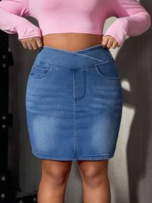 Flexra Plus Size Women's Fall Summer Casual Criss-Cross Waist Elastic Denim Mini Skirt Waist Corset Buttock Lift Sportswear Work Outfits For Women - Medium Wash - View 3