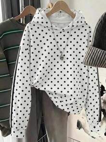 SHEIN 青少年女孩黑白波點印花膠帶裝飾運動衫，秋季上學穿著套頭衫 - 黑與白 - 查看 11