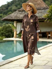 Isle Nomé Women's Short Vacation Print Summer Dress - Coffee - View 5